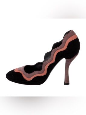 Prada Camoscio Y2K Vintage Pink and Purple Black Suede Scalloped Pumps Sz IT 39